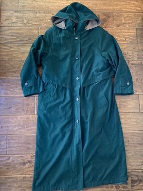 Liz Claiborne Womens 12 Green Long Trench Coat Wool Lined Removable Hood/Lining
